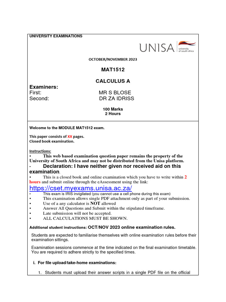 Unisa MAT1512 Calculus A Exam Guidelines | PDF | Academic Integrity ...