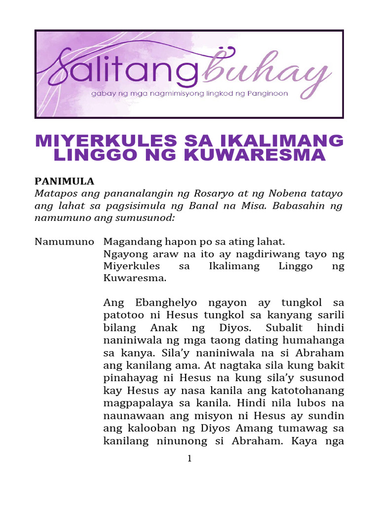 Miyerkules Sa Ikalimang Linggo NG Kuwaresma 2024 | PDF