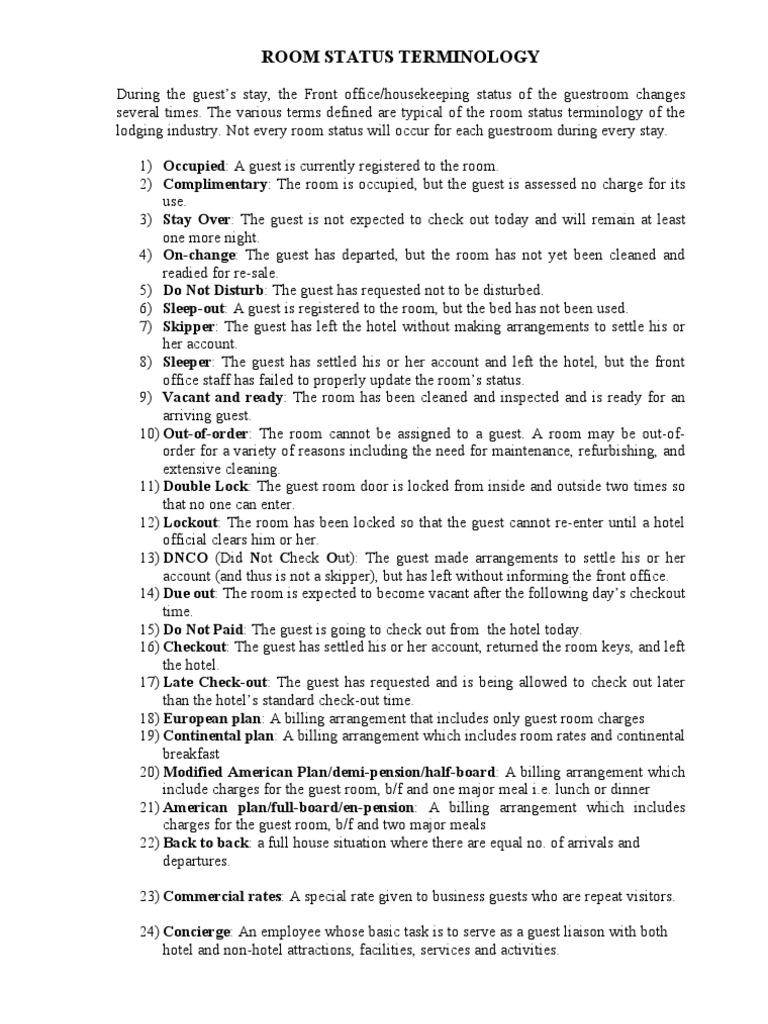 Front Office Terminologies Hotel Meal