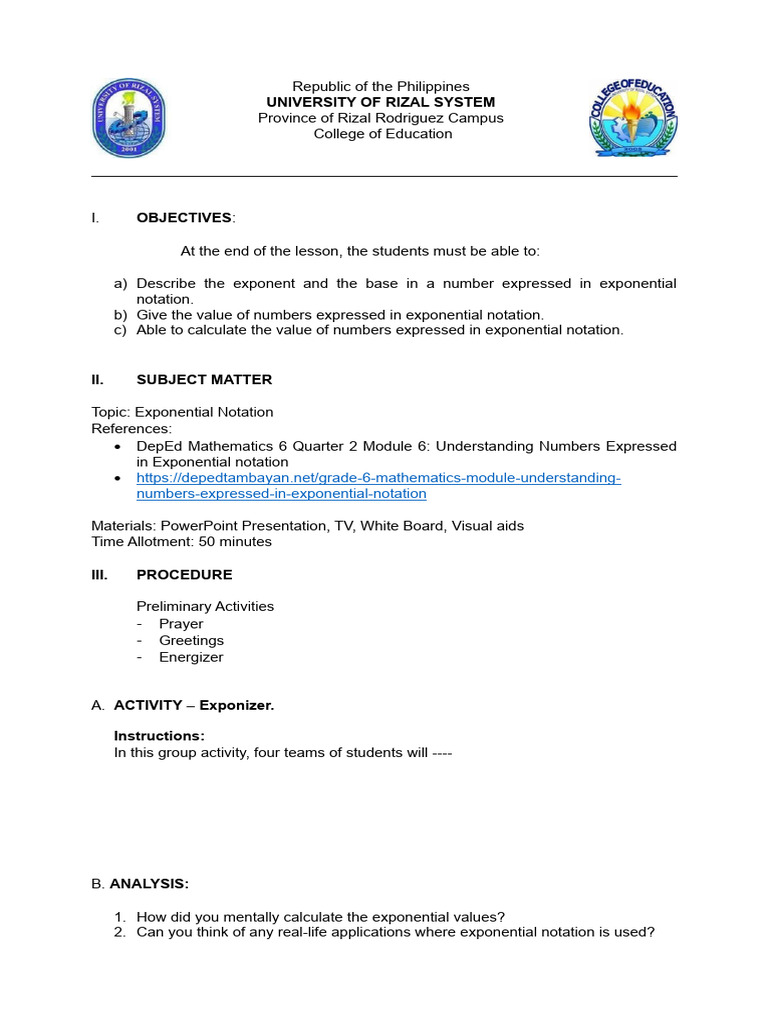 Math 3 Demo Lesson Plan Exponential Notation Download Free Pdf