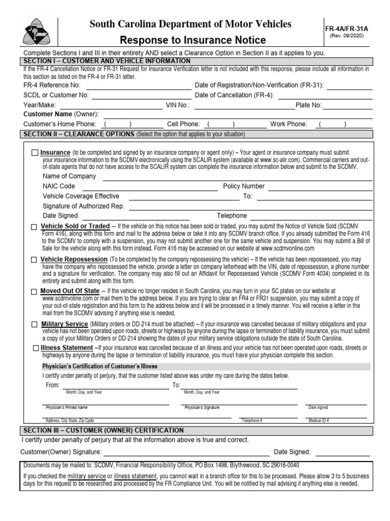 SC DMV FR-4/FR-31 Response Form | PDF | Insurance