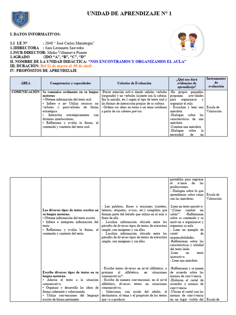 Unidad de Aprendizaje #1-Segundo Grado-2024 | PDF | Aprendizaje | Las ...