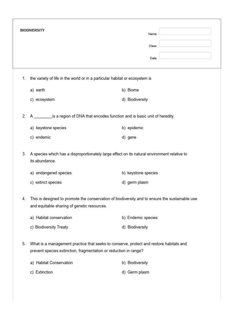 Quizizz Biodiversity PDF Endangered Species Biodiversity