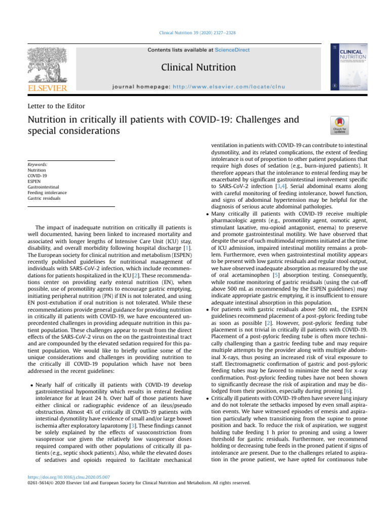 Nutrition in Critically Ill Patients With COVID 19 | PDF | Intensive ...