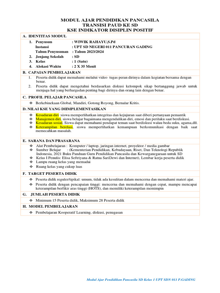 Modul Ajar Pancasila SD Kelas 1 | PDF
