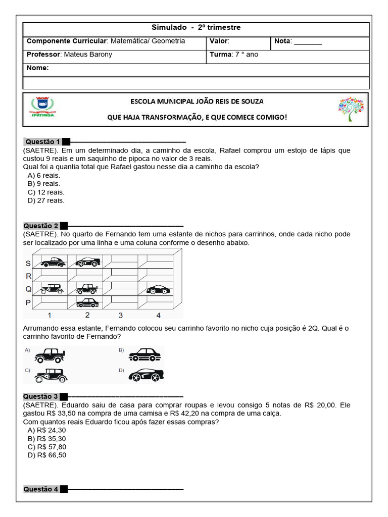 Simulado Matemática E Geometria 7ºano Pdf