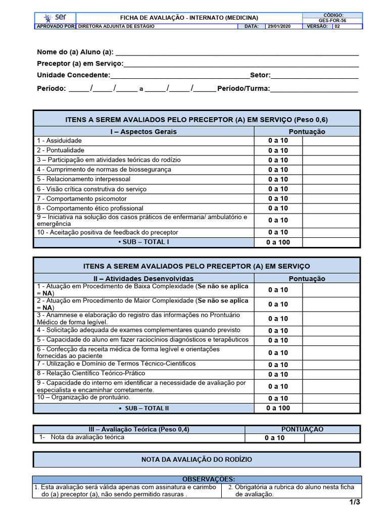 Ficha de Avaliação do Internato Médico | PDF | Aprendizado | Remédio