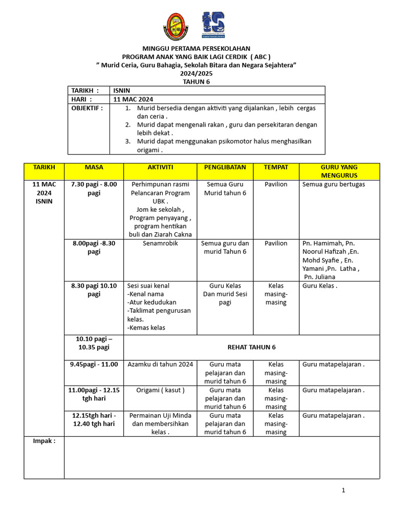 Program ABC Minggu Pertama Sekolah | PDF