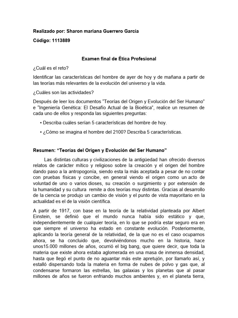 Examen Final de Estica Sharon | PDF | Evolución | Humano