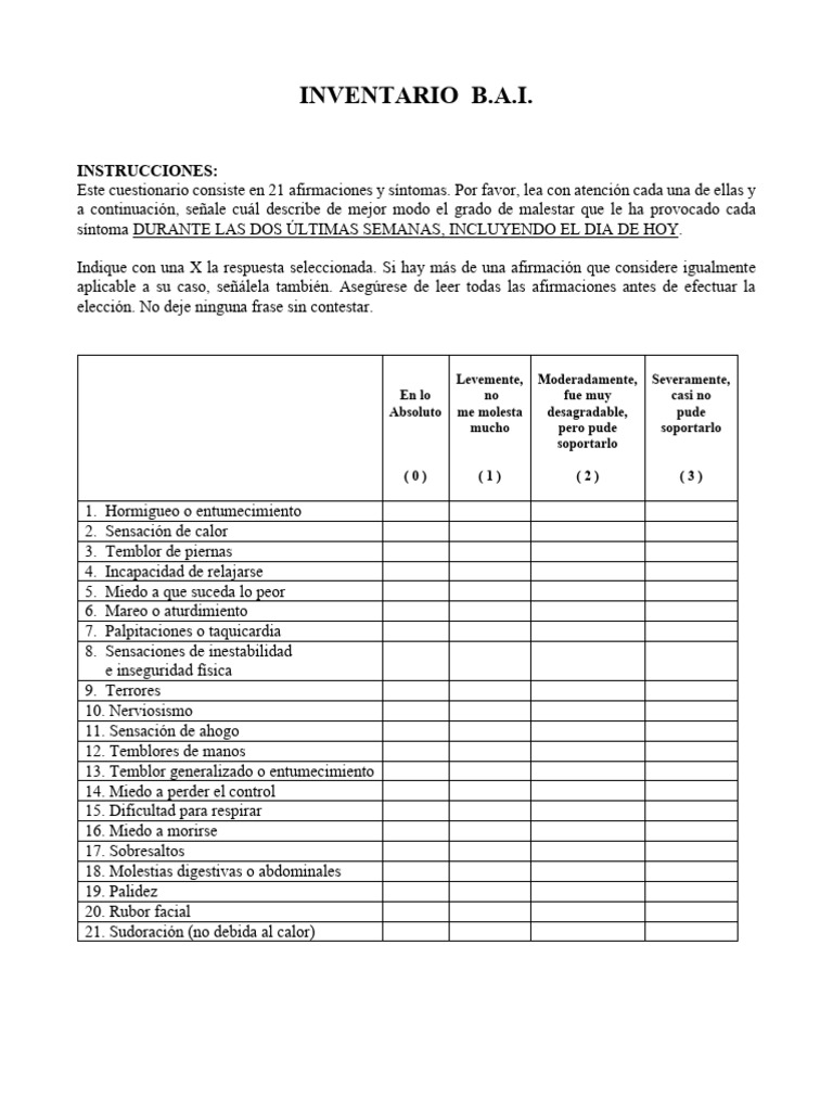 Inventario de Ansiedad de Beck (BAI) | PDF | Ansiedad | Enfermedades y ...