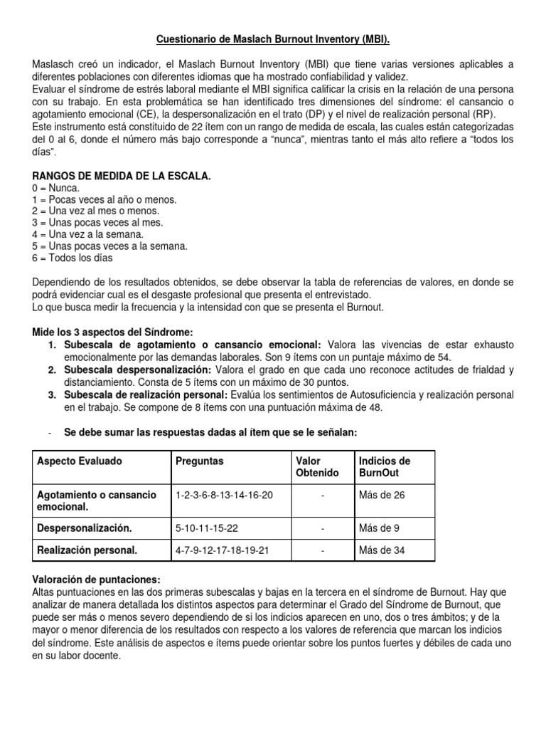 Cuestionario Maslach Burnout Inventory | PDF | Burnout ocupacional ...