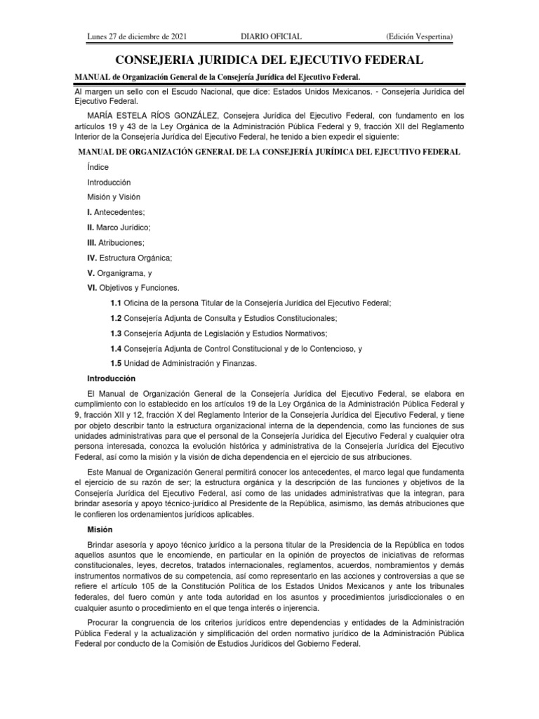 Manual Organizacion Gral CJEF 27122021 DOF | PDF | Ejecutivo (gobierno ...