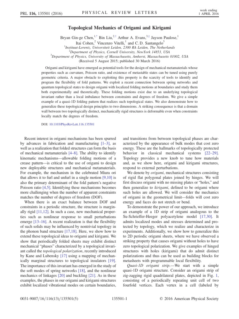 Topological Mechanics of Origami and Kirigami | PDF | Origami | Topology