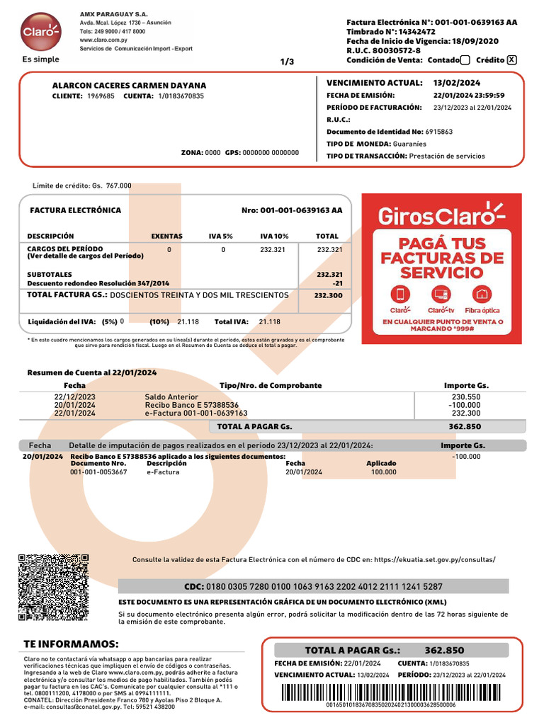 Factura Electrónica Claro 001-001-0639163 | PDF | Factura | Pagos