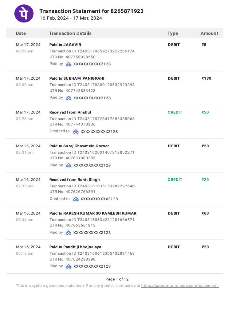 Transaction Statement for 8265871923 | PDF | Debit Card | Debits And ...
