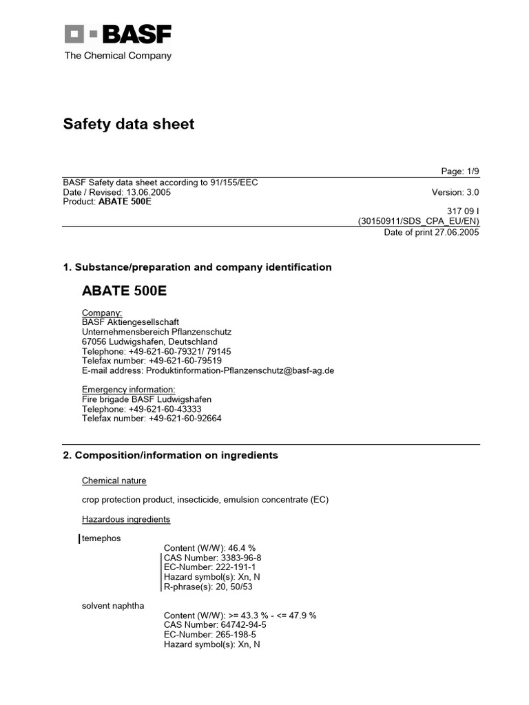 BASF ABATE 500E Safety Data Sheet | PDF | Toxicity | Personal ...
