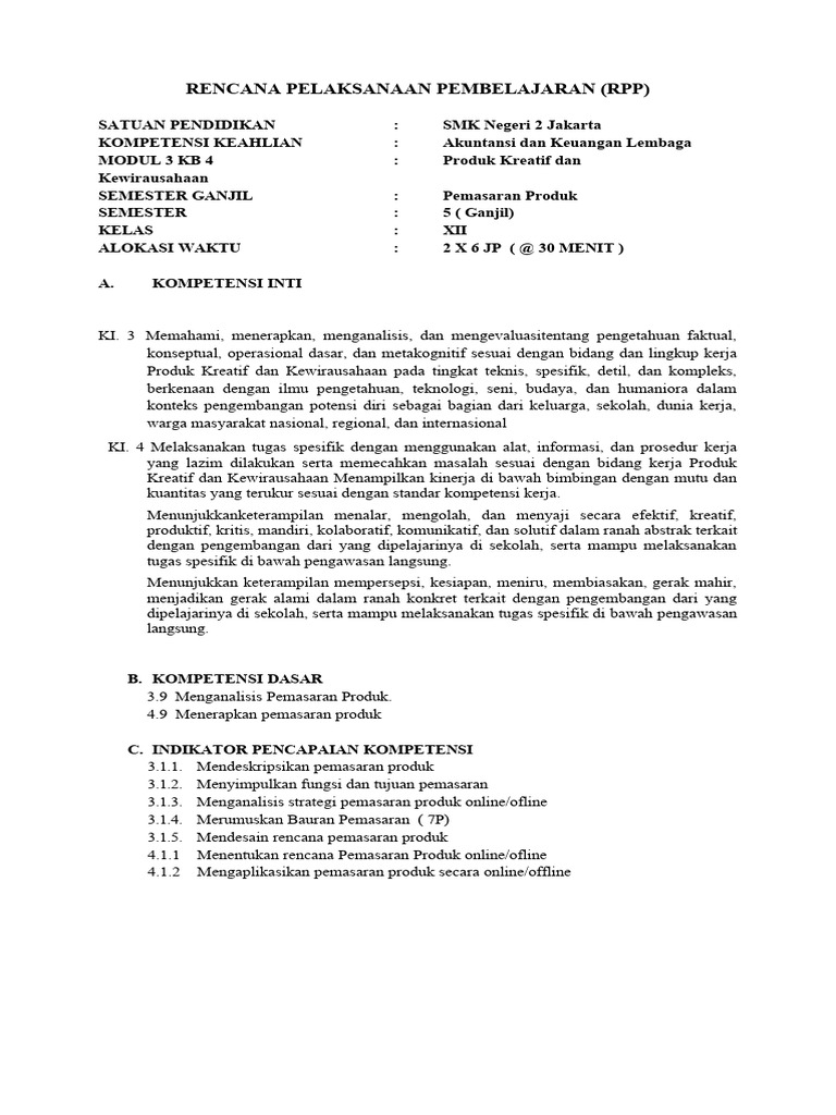 KD 3.9 RPP Menganalisis Pemasaran Produk | PDF