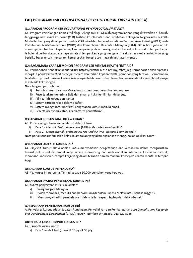 Faq Mental Health Awareness Opfa Niosh 2024 | PDF