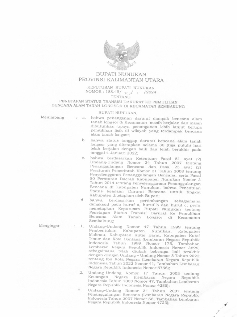 Sk nomor 103 1 2024 penetapan status transisi darurat ke pemulihan pdf