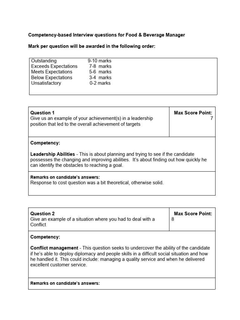 CompetencyBased Interview Questions For Food Beverage Manager PDF