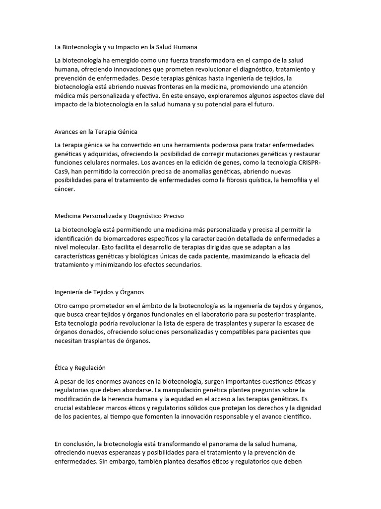 Impacto de la Biotecnología en Salud | PDF | Biotecnología | Terapia de ...