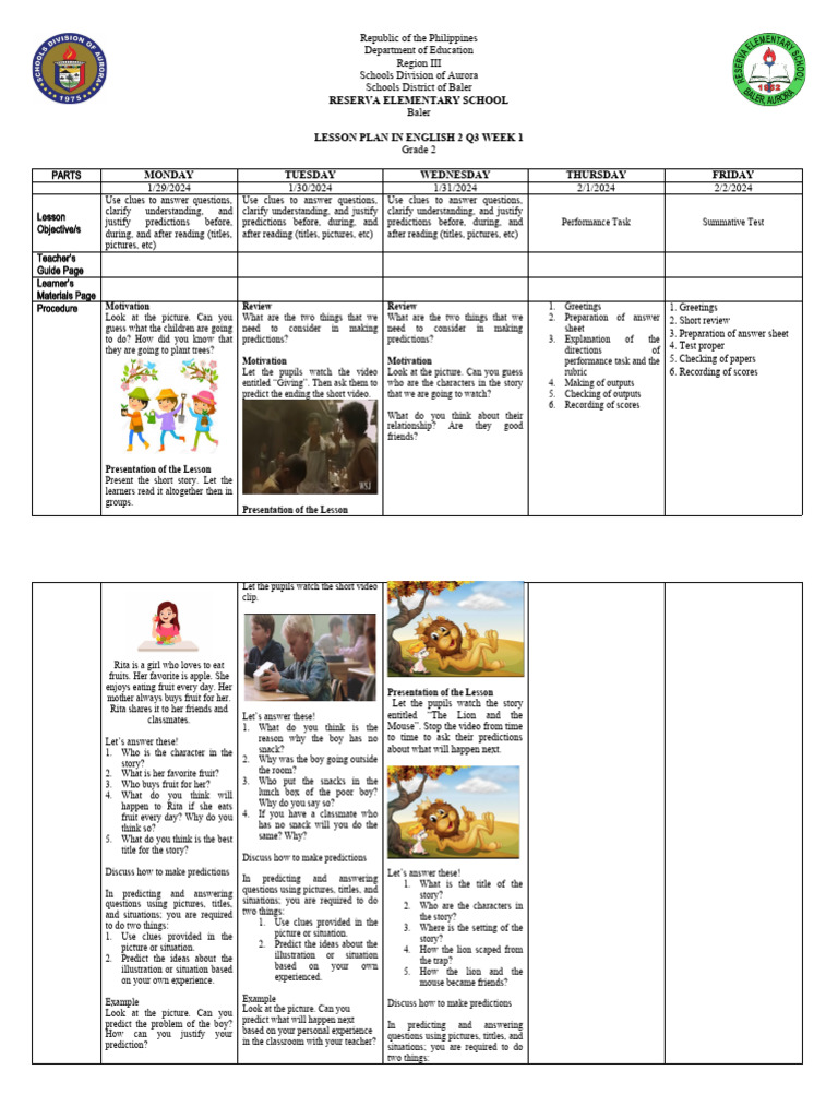 GRADE 2 LESSON PLAN Q3 W1 | PDF