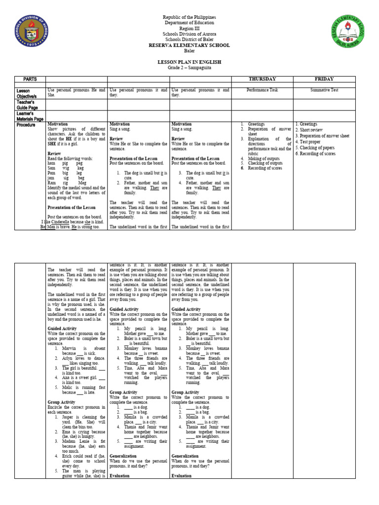 Grade 2 English Lesson Plan on Pronouns | PDF | Semantic Units ...