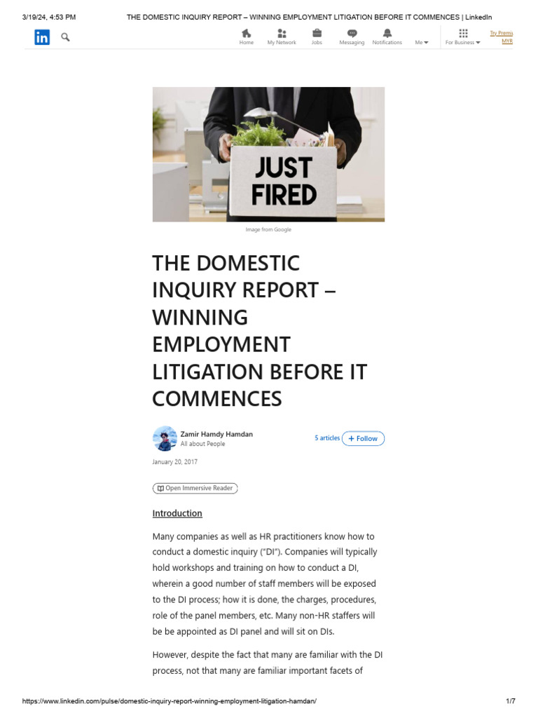 Domestic Inquiry Report for Employment Litigation | PDF | Burden Of ...