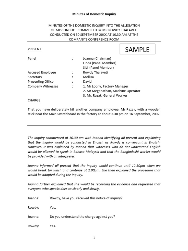 SAMPLE. Minutes of Domestic Inquiry | PDF
