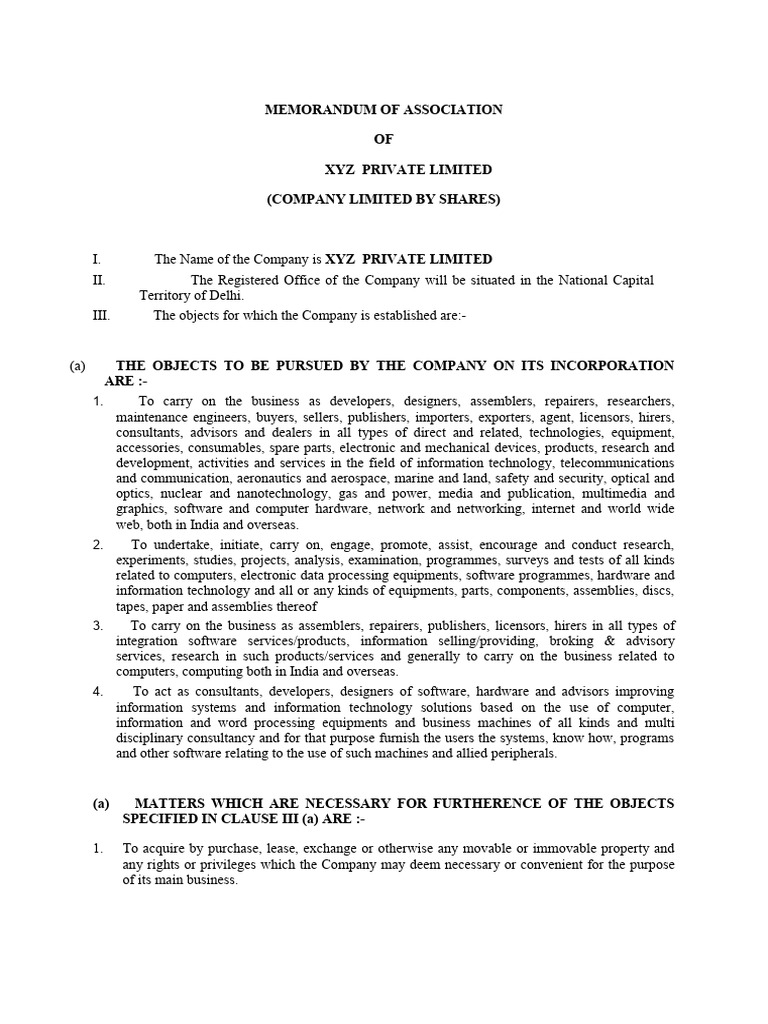 Memorandum of Association OF Xyz Private Limited (Company Limited by ...