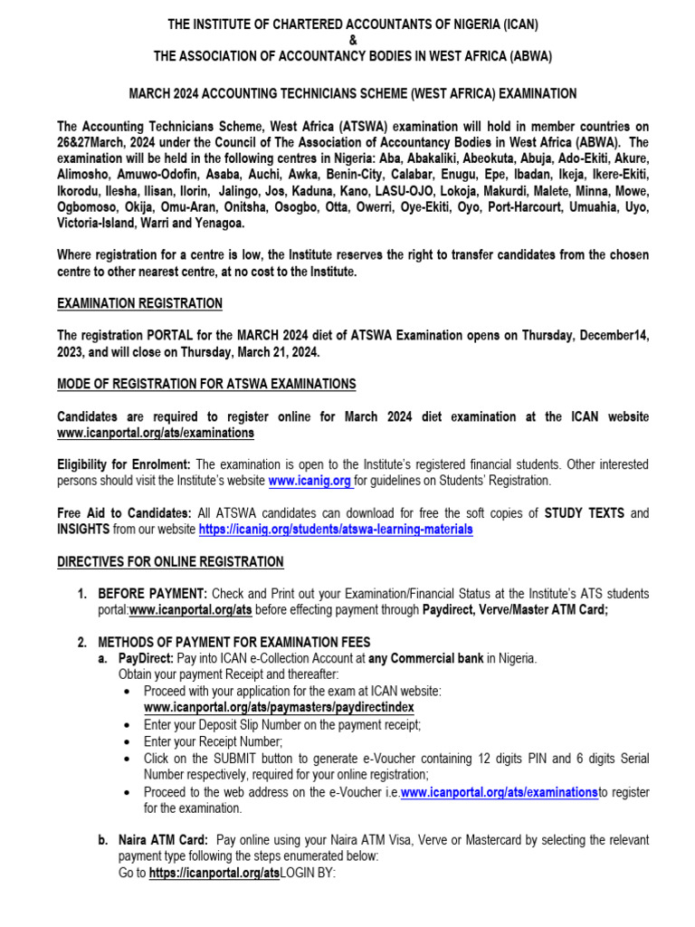 Advert For March 2024 Atswa Examination PDF Automated Teller
