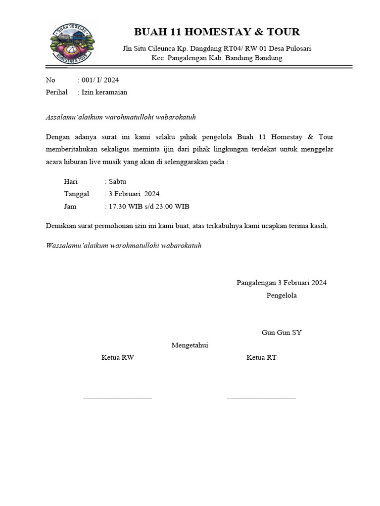 Surat Izin Keramaian Homestay | PDF