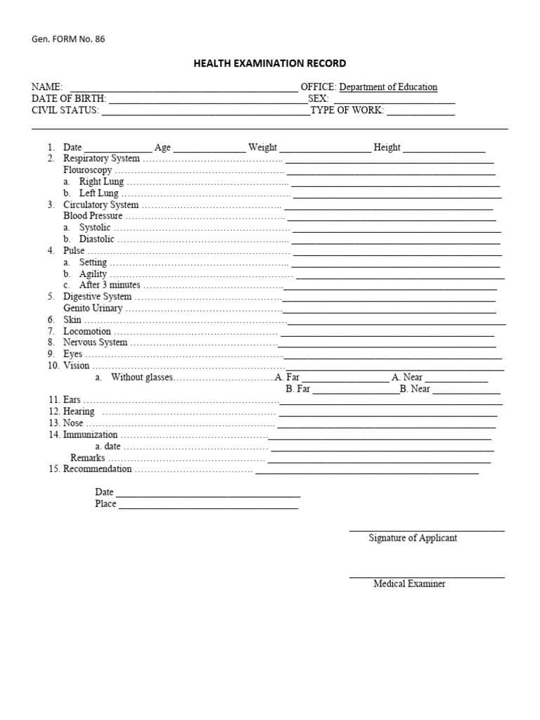 Form86HealthExaminationRecordFORREINSTATEMENT PDF Blood