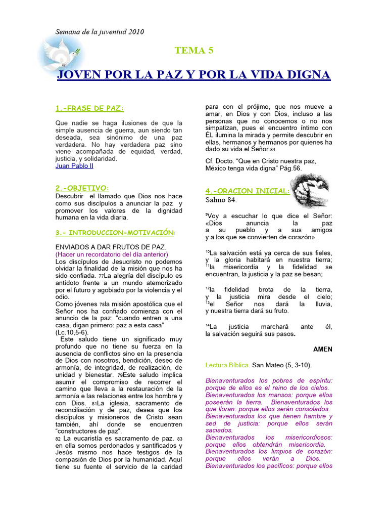 Semana de La Juventud - JOVEN POR LA PAZ Y POR LA VIDA DIGNA | PDF ...