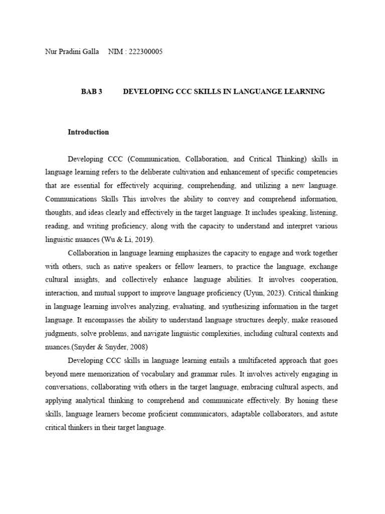 DEVELOPING CCC SKILLS IN LANGUANGE LEARNING Nur Pradini Galla TLGRM ...