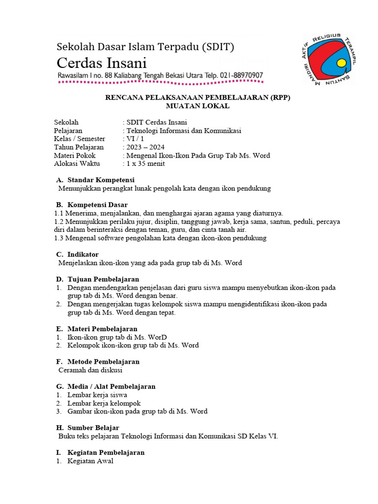 RPP TIK: Ikon Ms. Word untuk SD | PDF