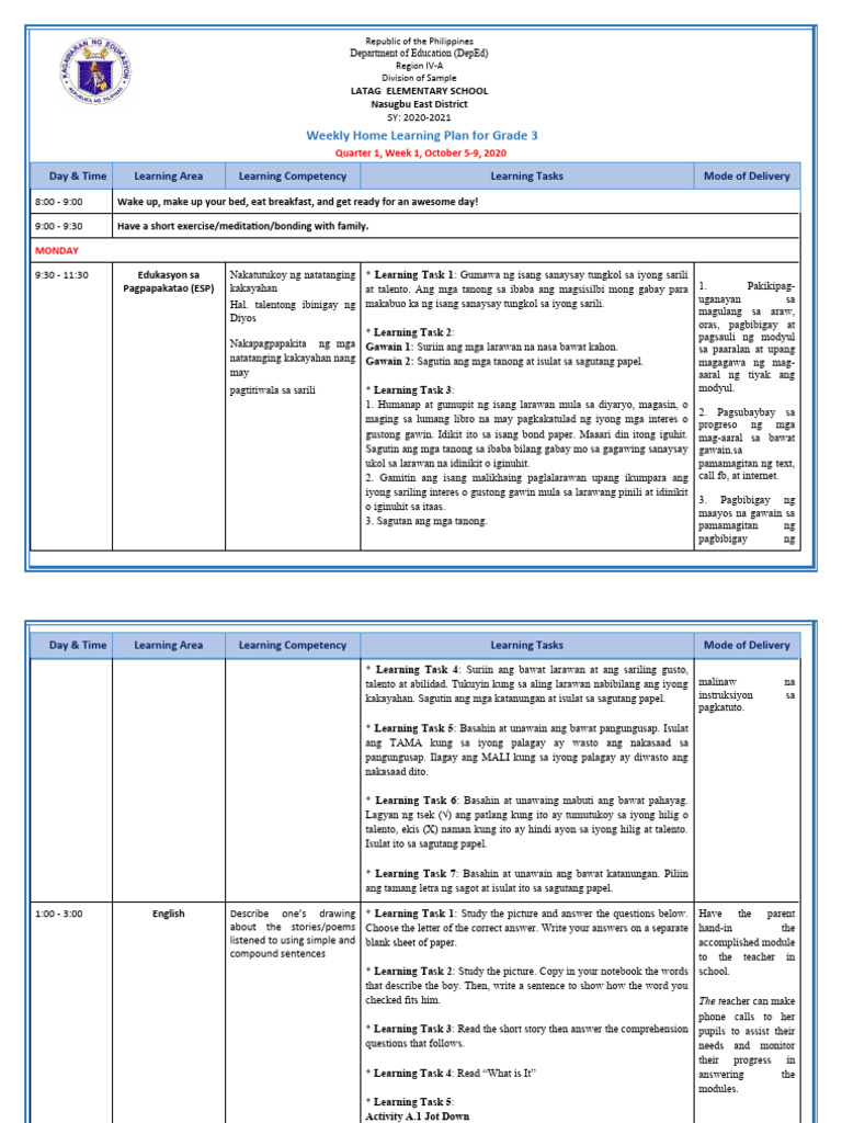 Grade 3 - All Subjects - WHLP - Q1 - W1 | PDF