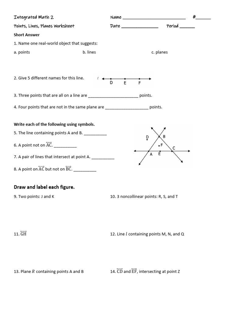 Points Lines Planes Worksheet PDF