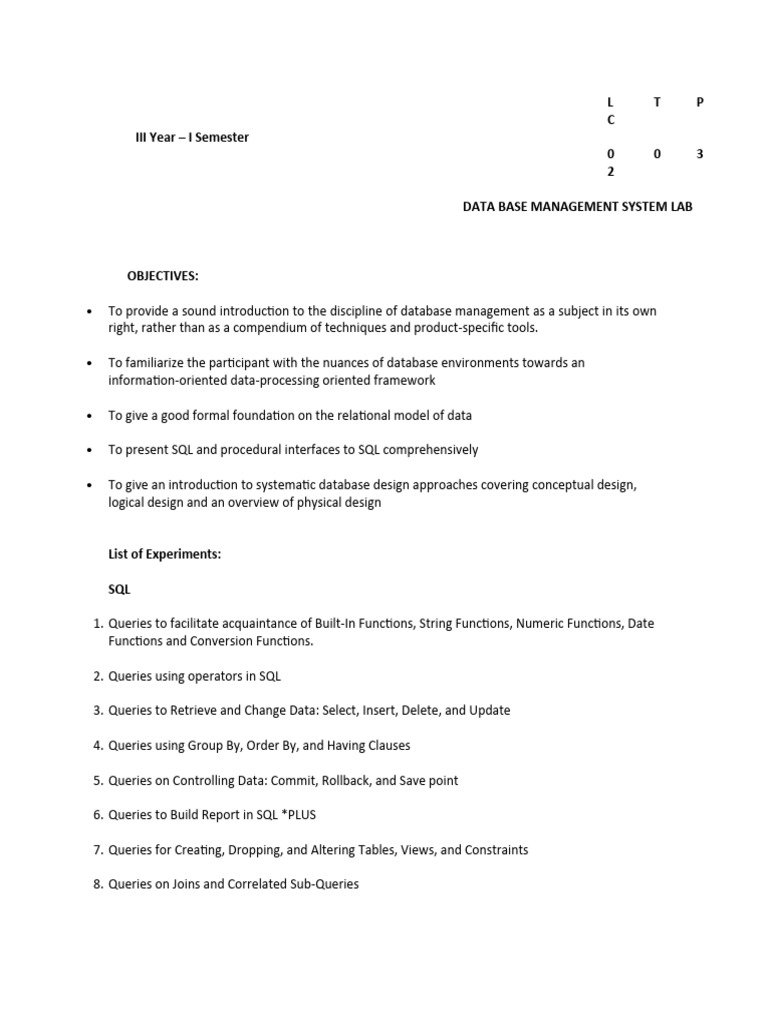 Dbms Lab Manual (R16) PDF Pl/Sql Sql