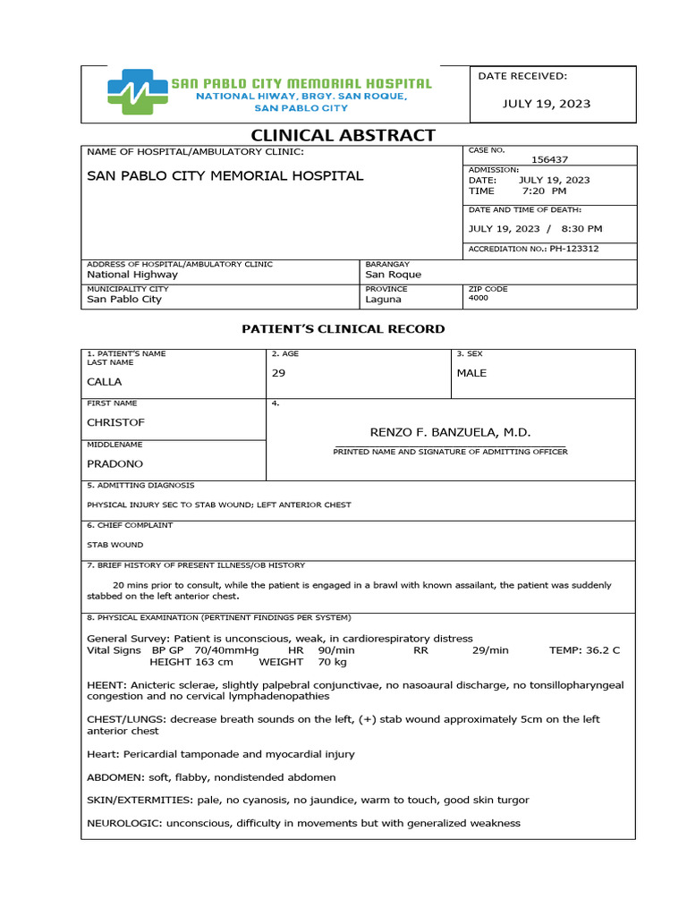 Clinical Abstract: Stab Wound Case Report | PDF | Clinical Medicine ...