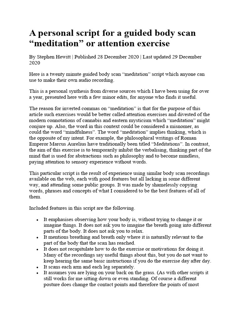 Guided Body Scan Meditation Script | PDF | Human Leg | Elbow
