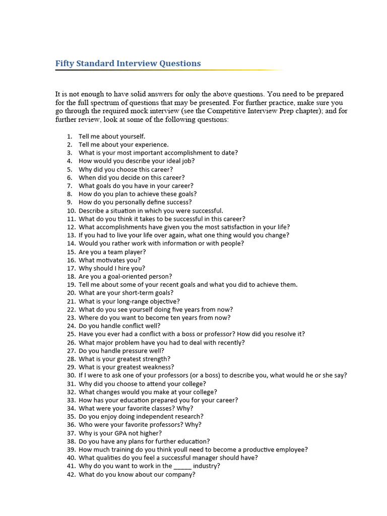 CollegeGrad-Fifty Standard Interview Questions - Sent To Sts | PDF ...