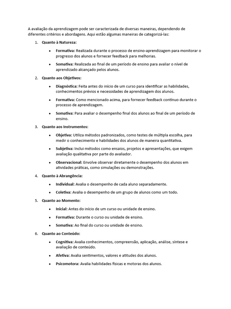 Tipos e Princípios da Avaliação Educacional | PDF | Aprendizado ...