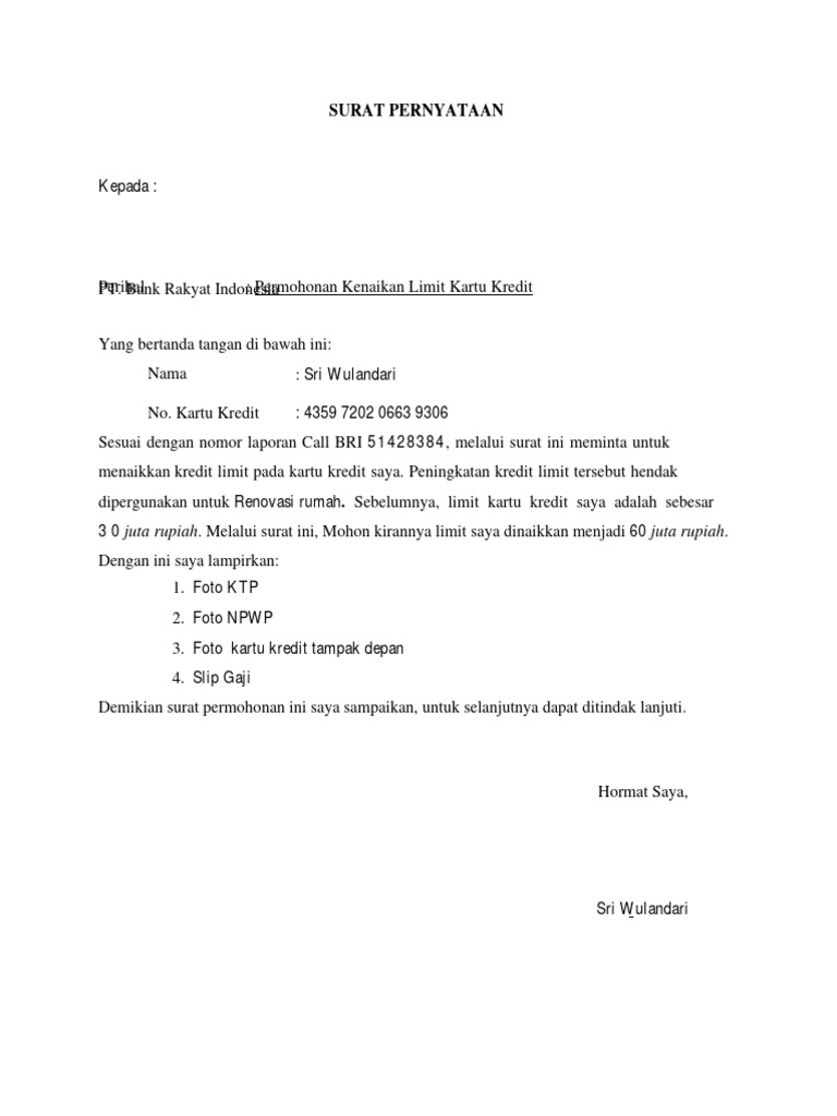 Surat Pernyataan Kenaikan Limit Kartu Kredit | PDF