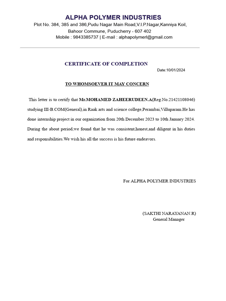 Internship Completion Certificate - Alpha Polymer | PDF