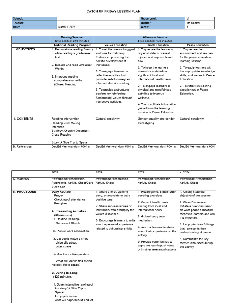 Grade 6 CUF Lesson Plan March 1 2024 | PDF | Learning | Reading ...