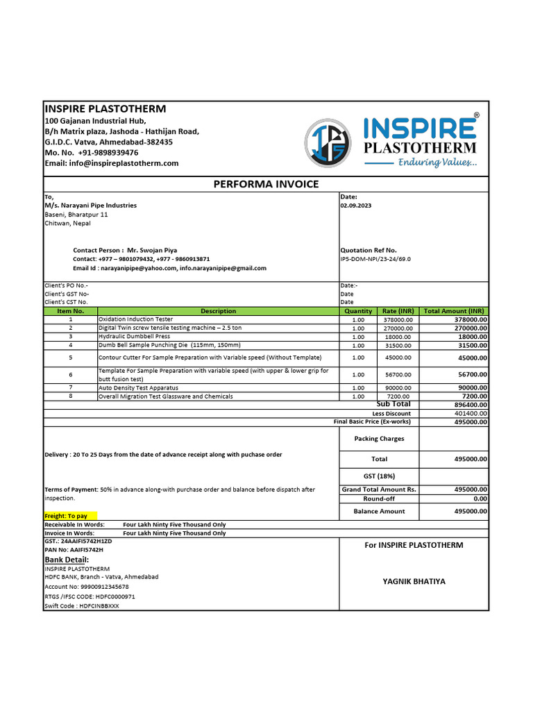 Quotation for Pipe Industry Equipment | PDF