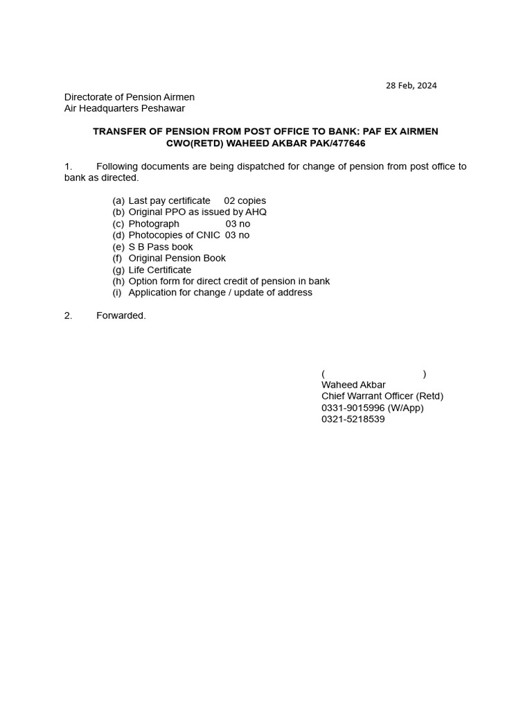 Covering Letter Submission of Pension Documents PDF