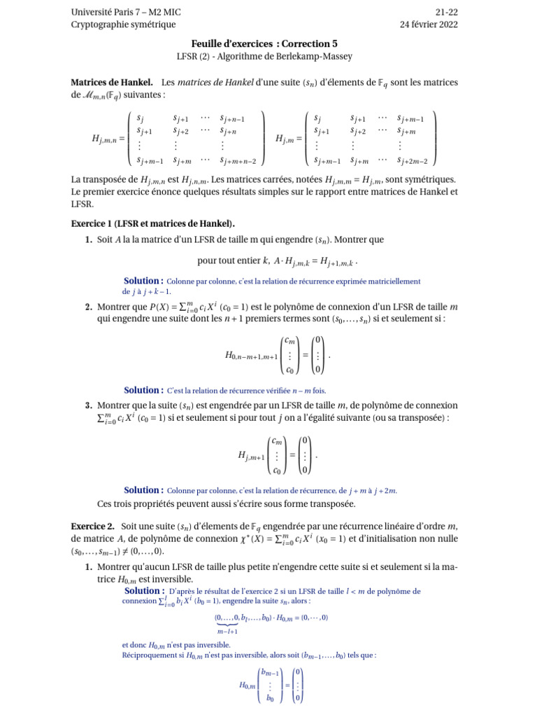 LFSR Exo Corrigés | PDF | Matrice (Mathématiques) | Polynôme