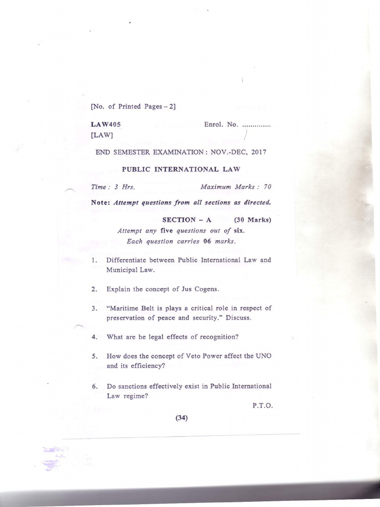 Public International Law Previous Year Paper | PDF